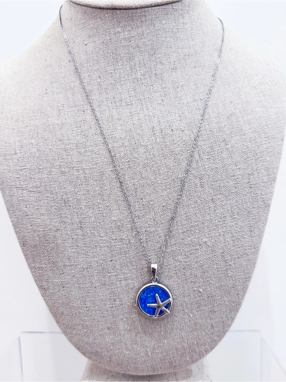 925 Lab Created Blue Opal Starfish Pendant Necklace NEW